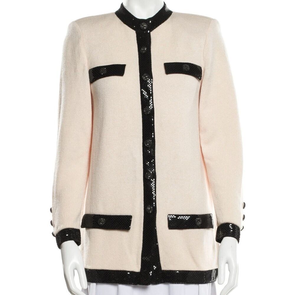 St. John Evening Marie Gray Long Sequin Trimmed Cardigan Jacket Size 2 Santana